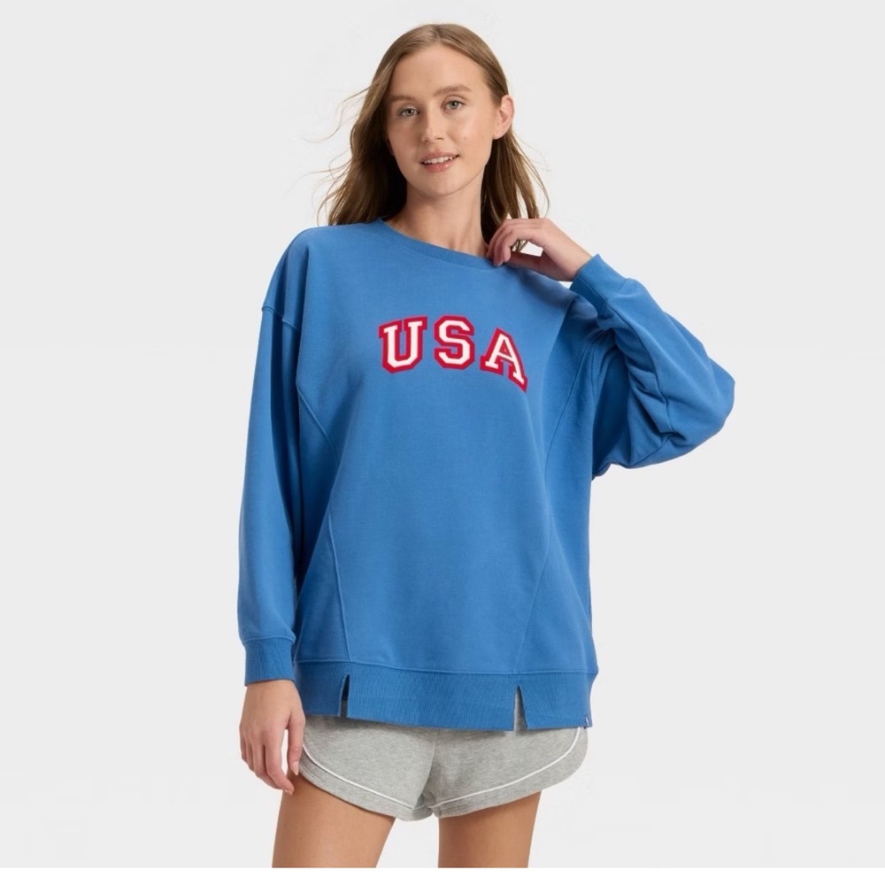 JoyLab Women's French Terry Oversized Crewneck Sweatshirt Blue USA Graphic L